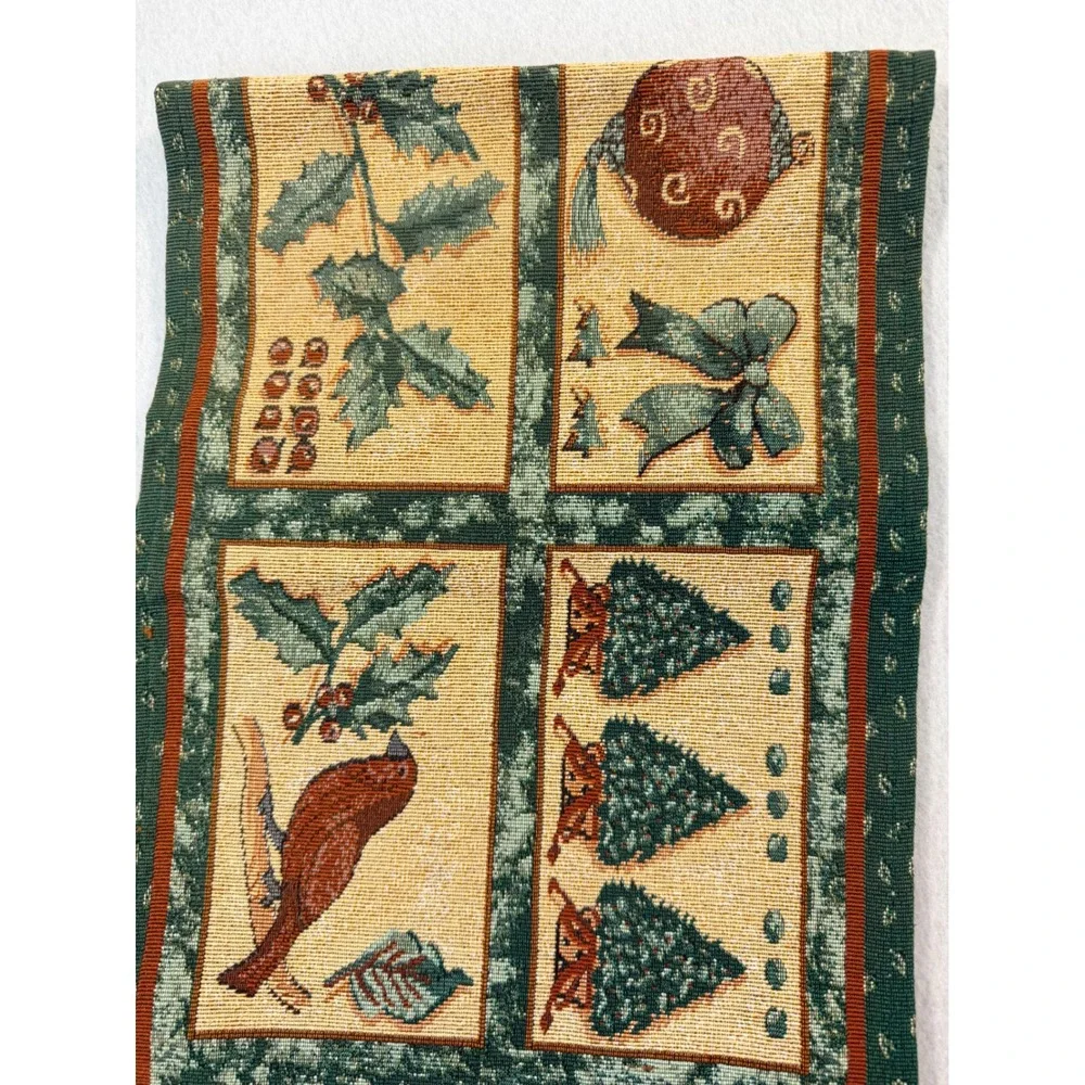 Christmas Woven Tapestry Table Runner Cardinal Holly Tree Green Red 12x 70